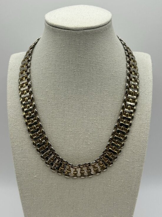 Link Jewelry - Vintage Two Tone Link Necklace Silver Gold Tone Chunky Statement 17” Bold Panel